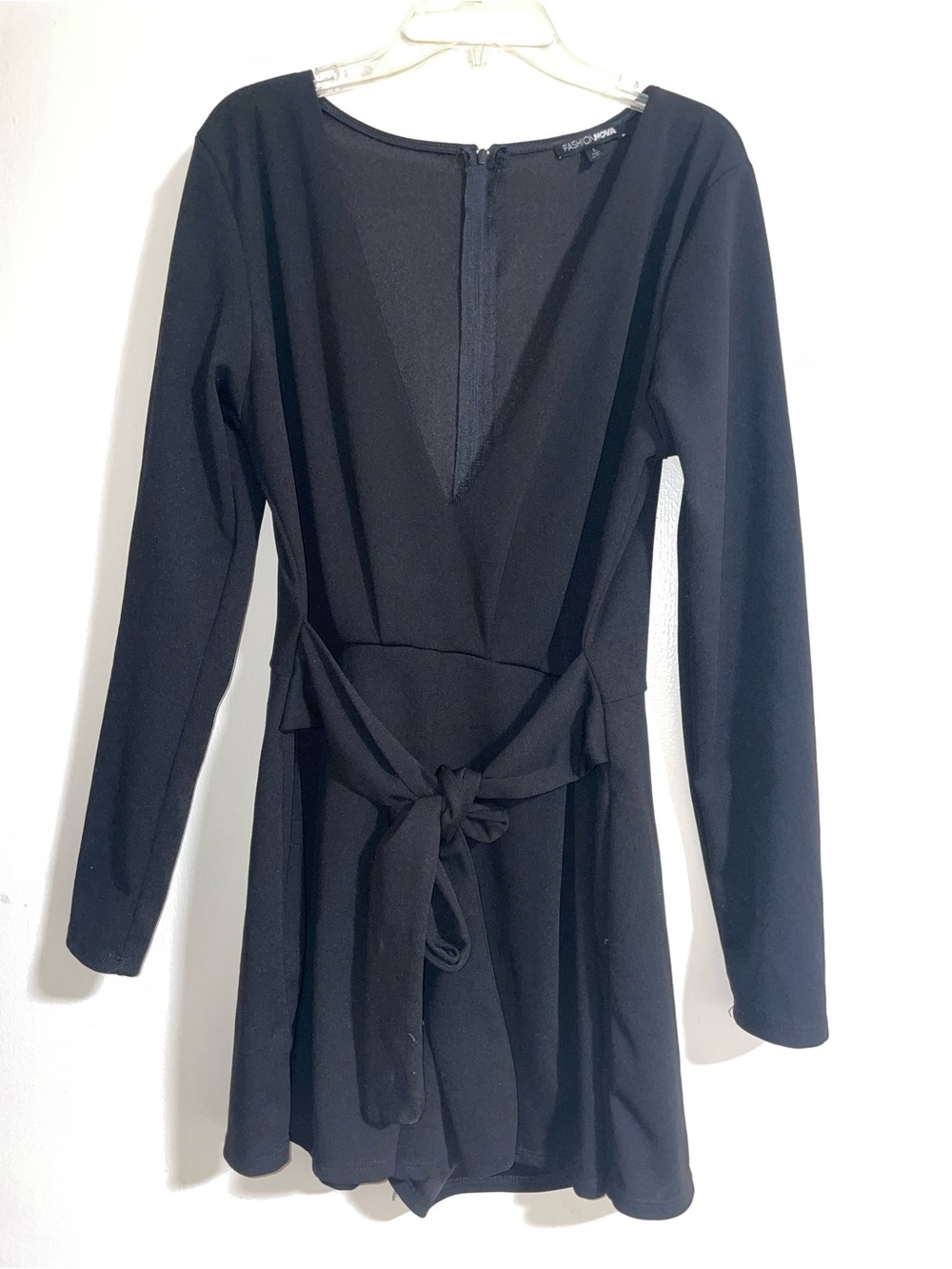 Fashion Nova Black Long Sleeve Tie-Waist Romper